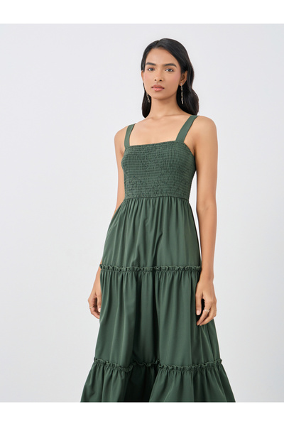 Styli Solid Smocking Detail A-Line Strappy Midi Dress