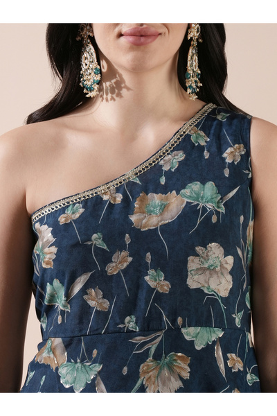 Globus By Styli Floral Print One Shoulder Asymmetric Hem A-Line Kurta and Pants Co-Ords