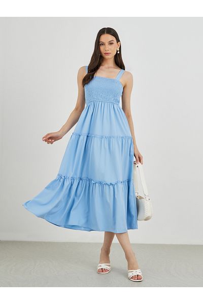 Styli Solid Smocking Detail A-Line Strappy Midi Dress