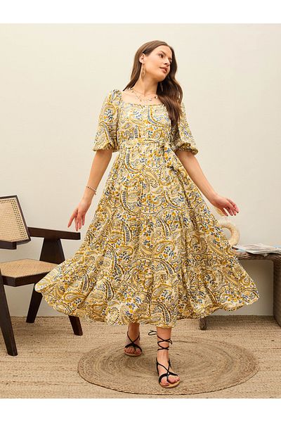 Sassafras By Styli Beige Paisley Print Belted Maxi Dress