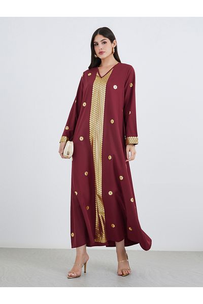 Styli Foil Placement Print V Neck Jalabiya