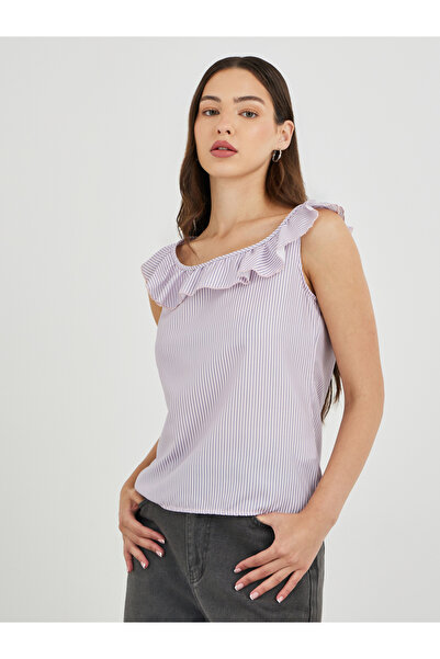 Styli Striped Ruffled Neckline Sleeveless Top