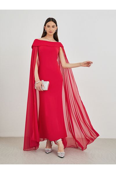 Styli Solid Off Shoulder Neck Cape Sleeve Bodycon Maxi Dress