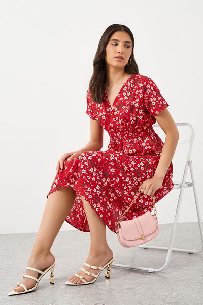 Styli Floral Print V-Neck Short Sleeve Midi Dress