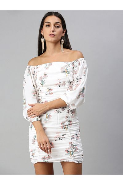 Kassually By Styli Floral Print Ruched Detail Off Shoulder Mini Dress