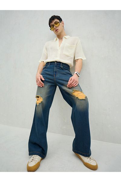 Mascln Sassafras By Styli Men Blue Washed Distressed Knee Wide Leg Jeans