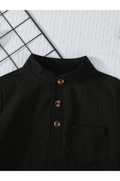 Styli Boy Black Solid Button Front Stand Collar Shirt