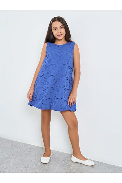 Styli Girls Blue Cotton Schiffli Dress
