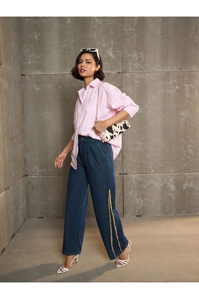 Sassafras By Styli Pink and White Striped Oversized Buttoned Shirt