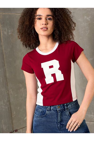 Sassafras By Styli Maroon Contrast Panel Initial Print Fitted T-Shirt