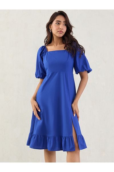 Styli Blue Poplin Square Neck A-Line Midi Dress with Smocked Back