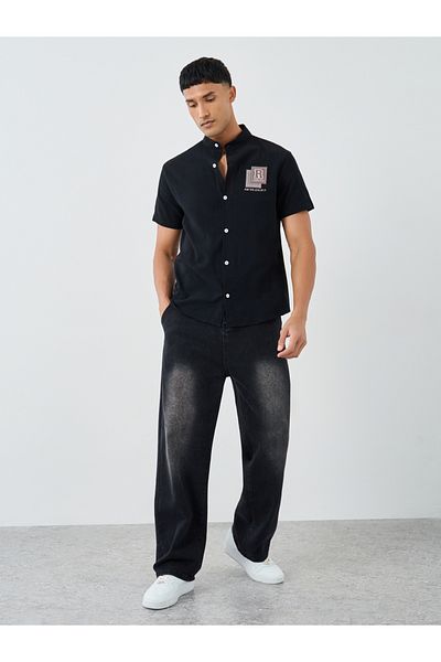 Styli Graphic Print Mandarin Collar Short Sleeve Shirt