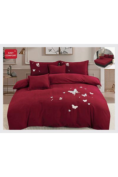 FIONNA.RO Premium Fine Bed Linen With Embroidery And Elastic - Burgundy With Butterflies