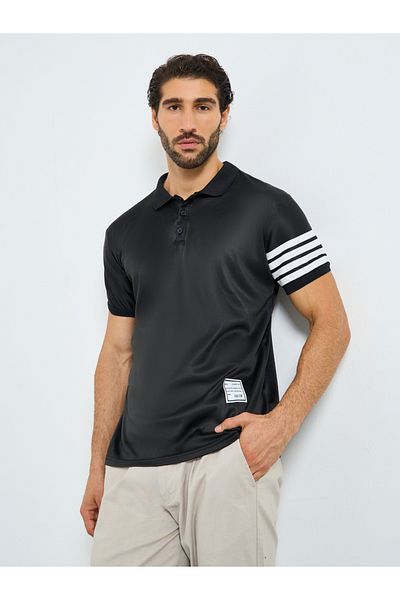 Styli Men Black Regular Fit Striped Print Polo
