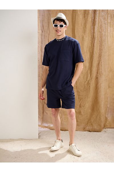 Mascln Sassafras By Styli Men Navy Blue Waffle Textured Relaxed Fit Shorts