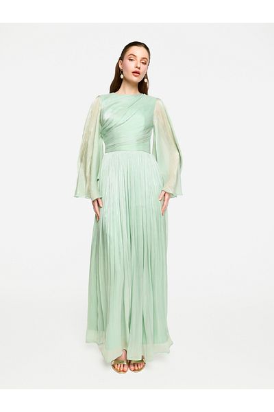 House of Moda By Styli Sheer Cape Sleeves Shimmer Pleated Maxi Dress