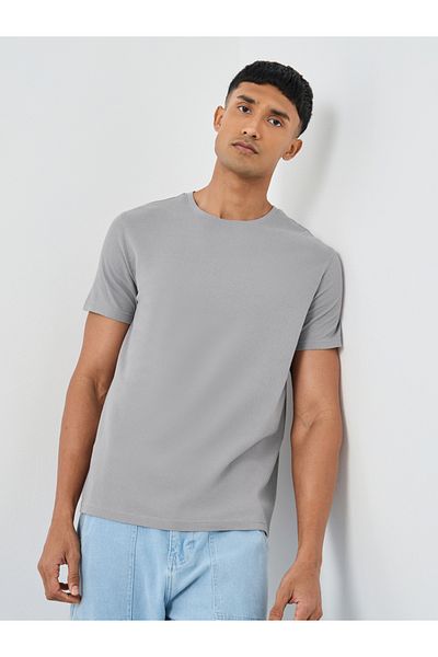 Styli Men Grey Popcorn Textured Knit Crew Neck T-Shirt