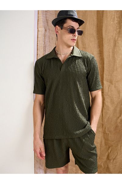 Mascln Sassafras By Styli Men Olive Textured Relaxed Fit Polo T-Shirt and Shorts Co-Ords