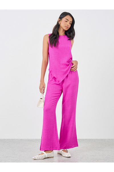 Styli Women Pink Solid Asymmetric Top and Wide Leg Pants Co-Ords