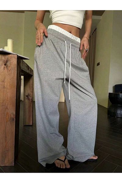 Styli Solid Elastic Drawstring Waist Wide Leg Joggers