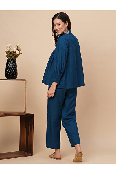 Globus By Styli Solid Smocked Detail Buttoned Shirt and Trousers Co-Ords