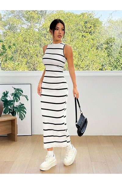 Styli Striped Round Neck Sleeveless Bodycon Midi Dress