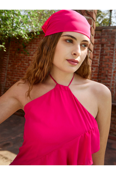 Sassafras By Styli Pink Solid Frill Halter Neck Midi Dress