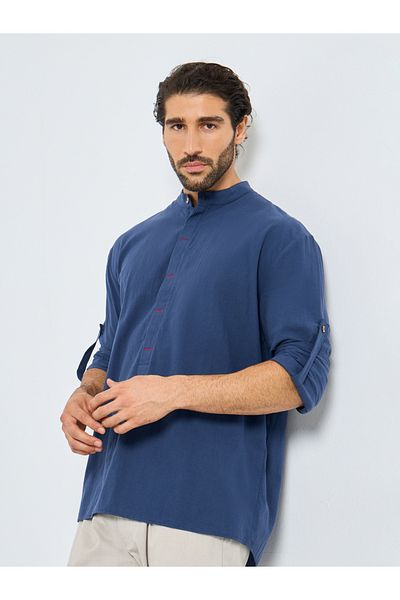 Styli Men Mandarin Collar Half Placket Regular Fit Shirt