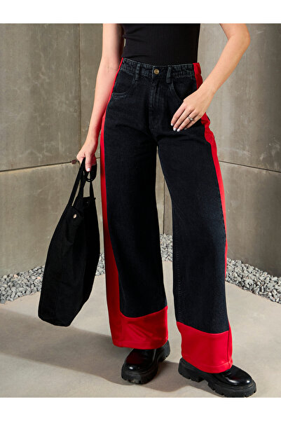 Sassafras By Styli Black Washed Side Color Block Wide Leg Jeans