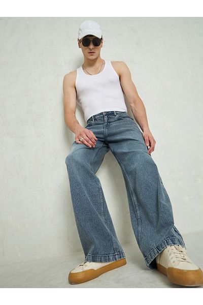 Mascln Sassafras By Styli Men Blue Mid Rise Plain Wide Leg Jeans