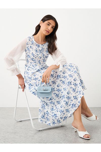 Styli Contrast Mesh Sleeve Floral Printed Midi Dress