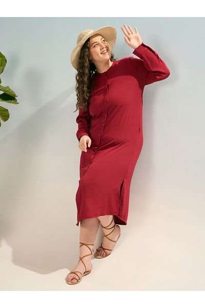 Sassafras By Styli Plus Maroon Shift Midi Dress with Front Button