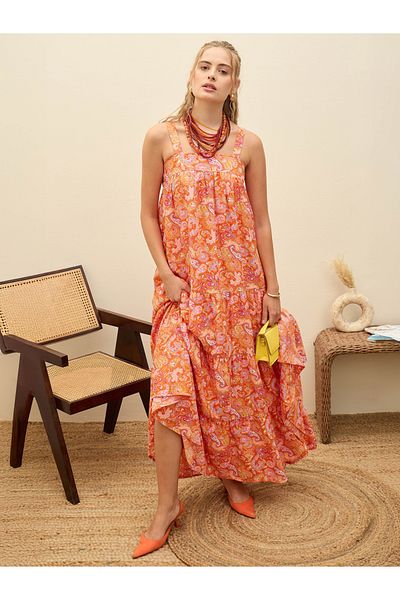 Sassafras By Styli Orange Paisley Print Sleeveless Tiered Maxi Dress