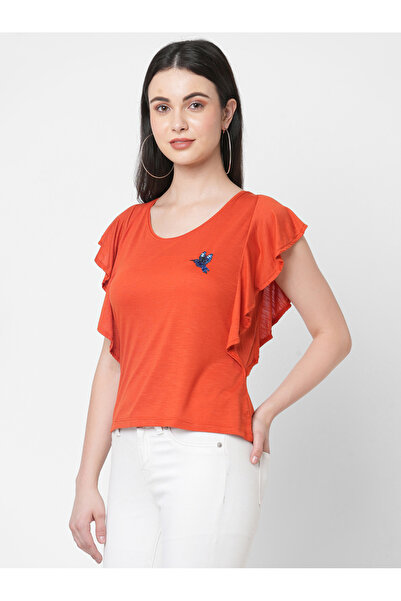 Mish By Styli Women Orange Embellished Bird Detail Ruffled Sleeves T-Shirt