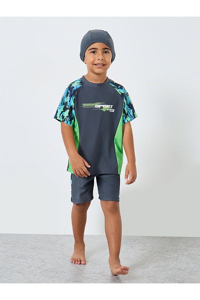 Styli Set of 3 - Printed Raglan Sleeve Swim Top, Shorts and Cap