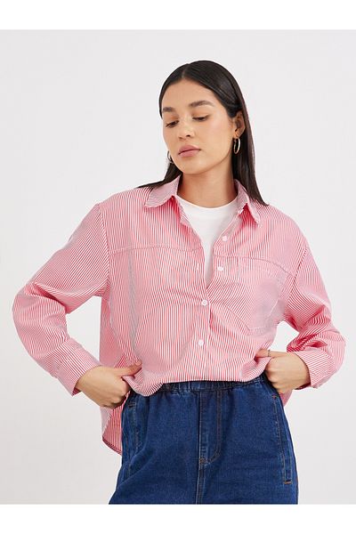 Styli Women Red Striped High-Low Hem Shirt