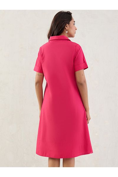 Styli Pink Solid Poplin Collared A-Line Midi Dress