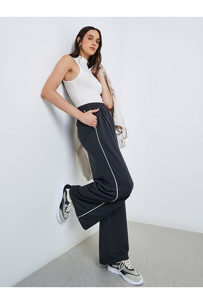 Styli Women Charcoal Wide Leg Joggers with Contrast Piping Detail
