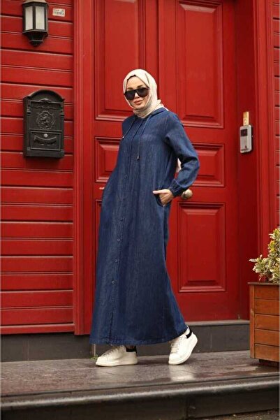 Neways 6494-Denim Kapşonlu Düğmeli Ferace Koyu Mavi