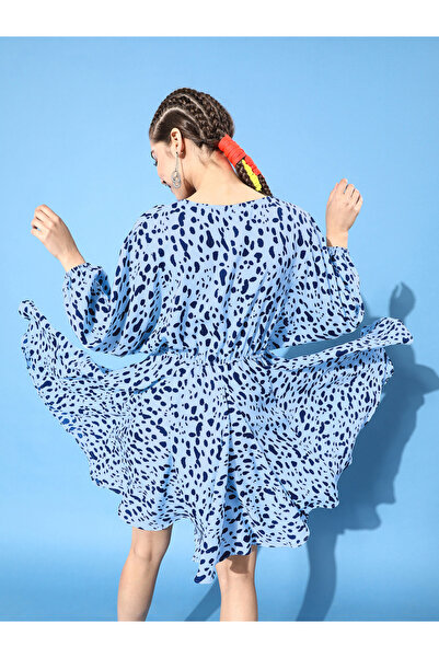 Kassually By Styli Women Stunning Blue Animal Printed Swirling Volume Dress