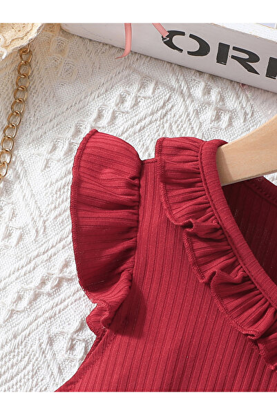 Styli Burgundy Bow Detail Embellished Mesh Dress