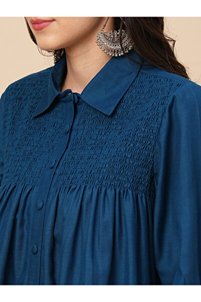 Globus By Styli Solid Smocked Detail Buttoned Shirt and Trousers Co-Ords