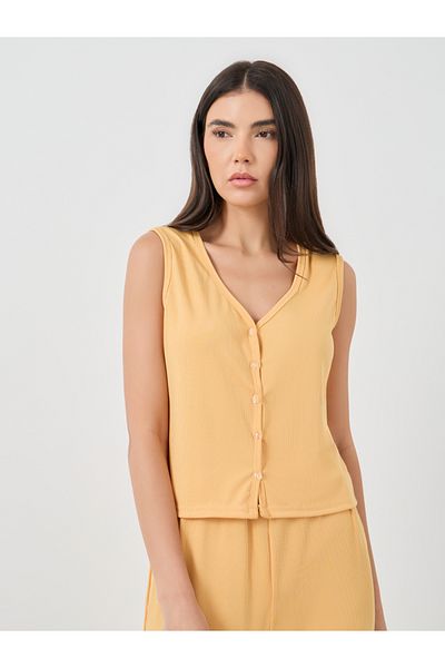 Styli Solid Sleeveless Rib Buttoned Top and Pyjama Set
