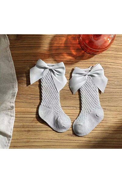 Mixbo Long Girls' Socks with Satin Bows, Cotton, Grey,