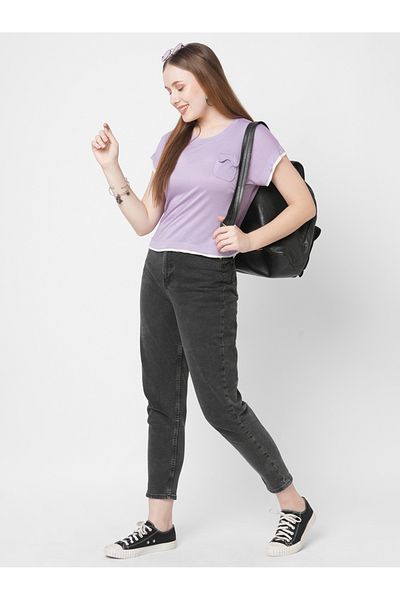 Mish By Styli Women Purple Contrast Trim Short Sleeve T-Shirt with Flap Pocket