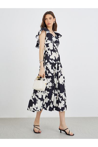 Styli Floral Print Ruffle Sleeves A-Line Midi Dress