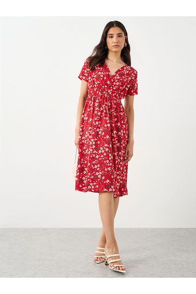 Styli Floral Print V-Neck Short Sleeve Midi Dress