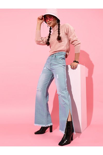 STREET 9 By Styli Women Blue Flared Distressed Jeans