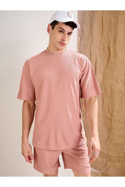 Mascln Sassafras By Styli Men Pink Waffle Textured Oversized T-Shirt and Shorts Co-Ords