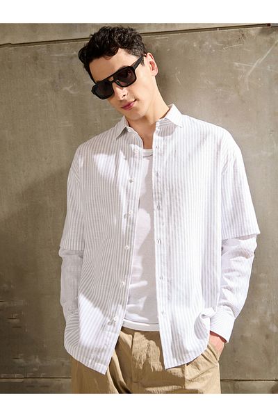 Mascln Sassafras By Styli Men Striped Overlap Long Sleeve Relaxed Fit Shirt